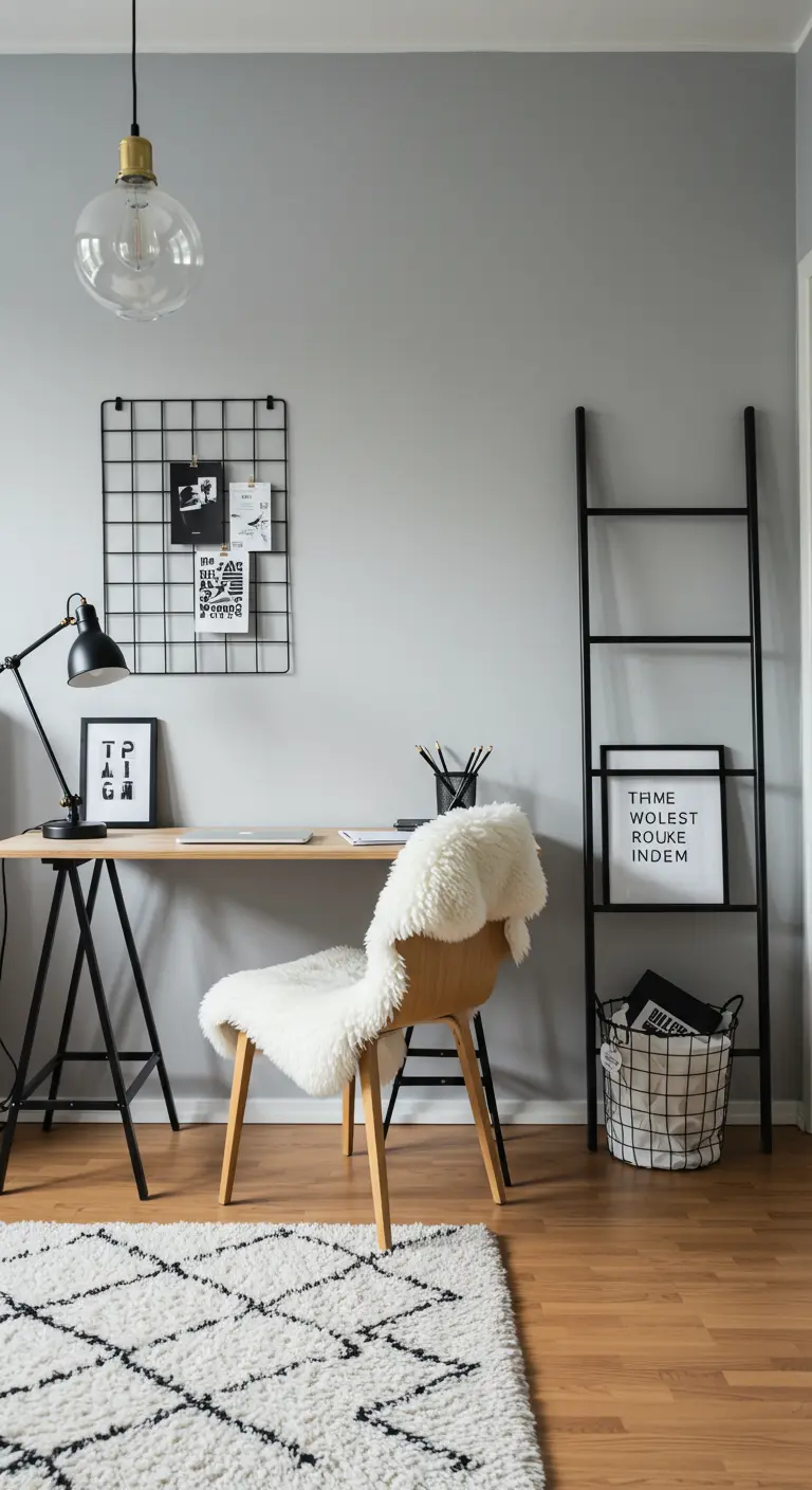 Bureau en bois et métal noir avec une peau de mouton sur la chaise et une grille murale.