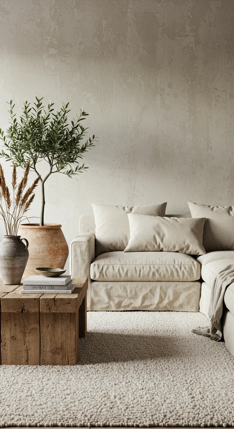Salon de style wabi-sabi avec murs texturés et canapé en lin beige.