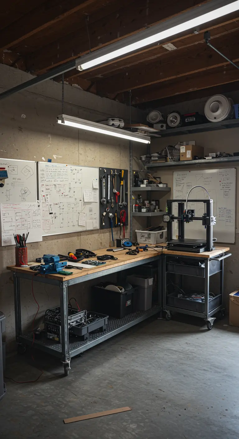 Atelier de prototypage dans un garage avec établi, outils et imprimante 3D.