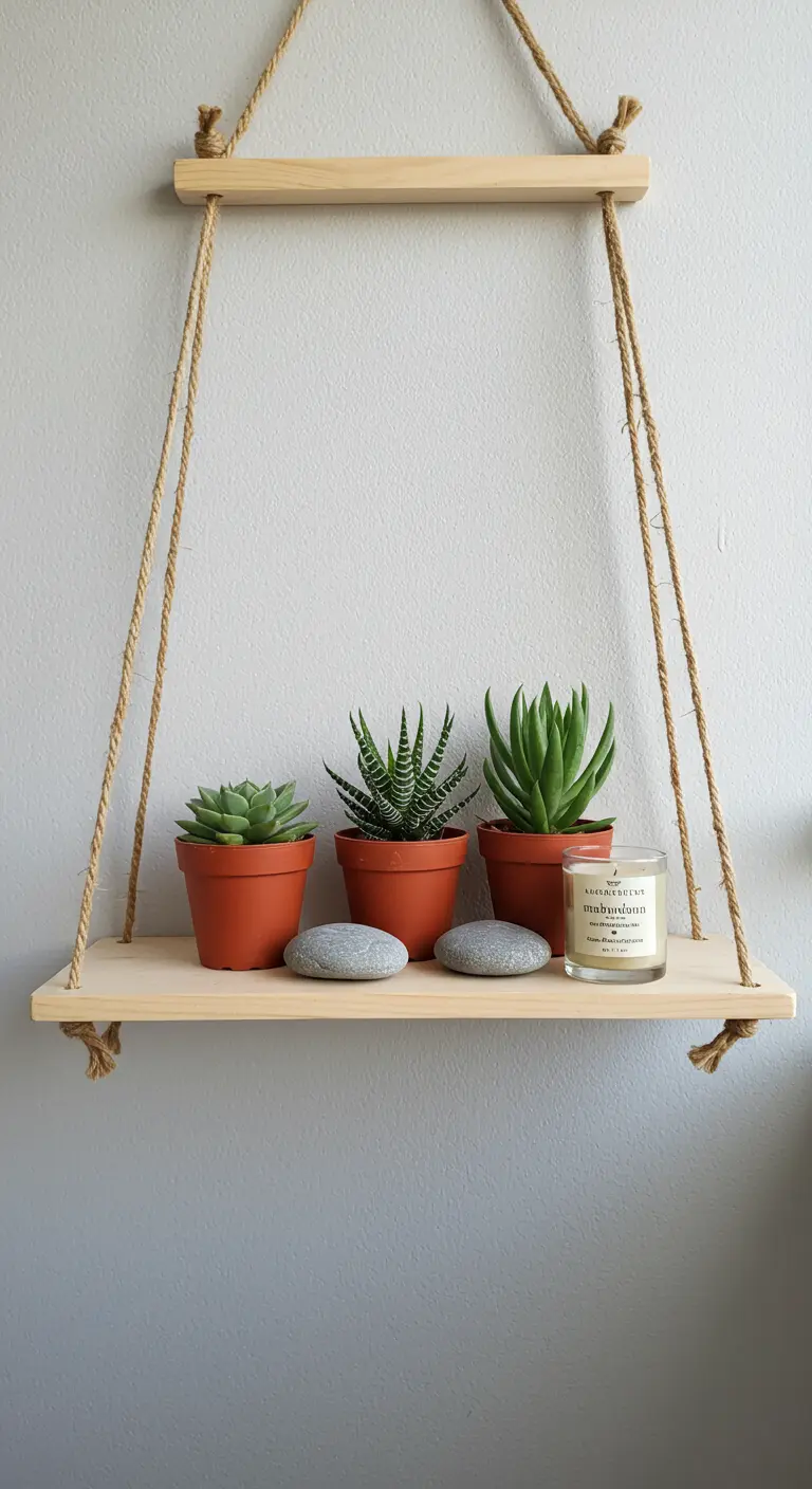 Étagère suspendue par une corde avec trois succulentes, une bougie et des galets.