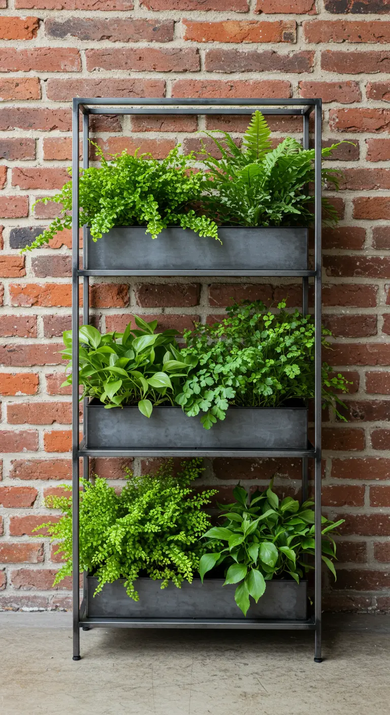 Une étagère en métal noir à plusieurs niveaux remplie de jardinières et de plantes vertes.