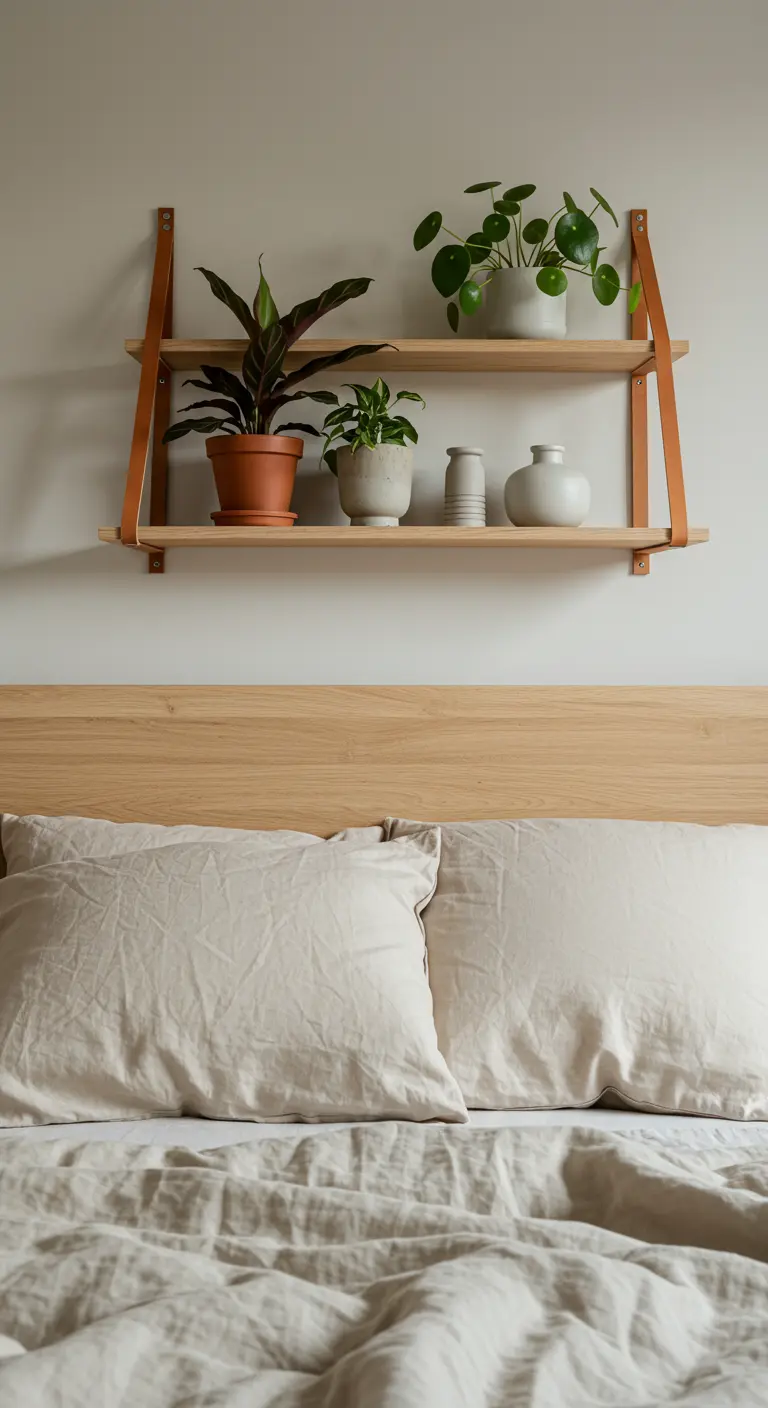 Deux étagères en bois clair avec des lanières en cuir, décorées de plantes en pot au-dessus d'un lit.