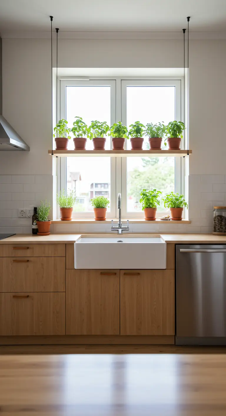 Étagère en bois suspendue devant une fenêtre de cuisine, garnie de pots d'herbes.