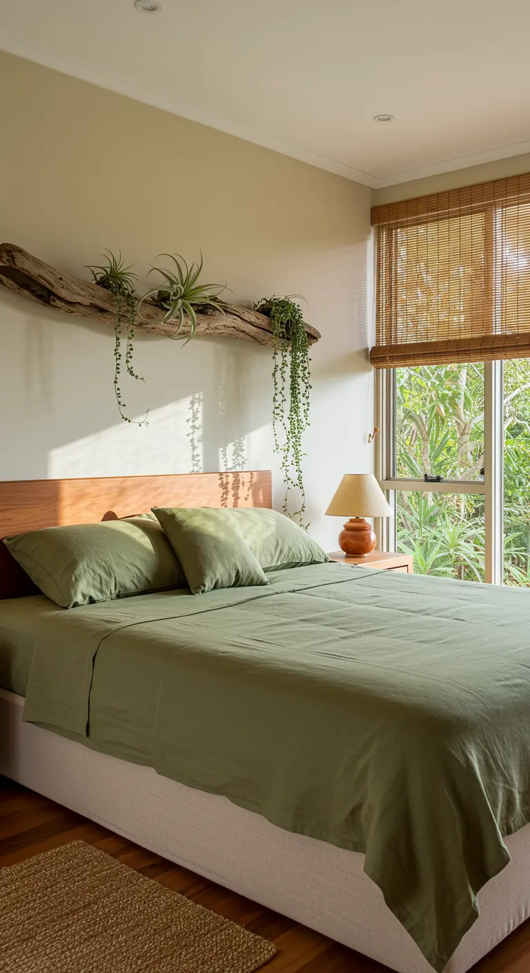 Une grosse branche de bois flotté suspendue au-dessus du lit, servant de support à des plantes.
