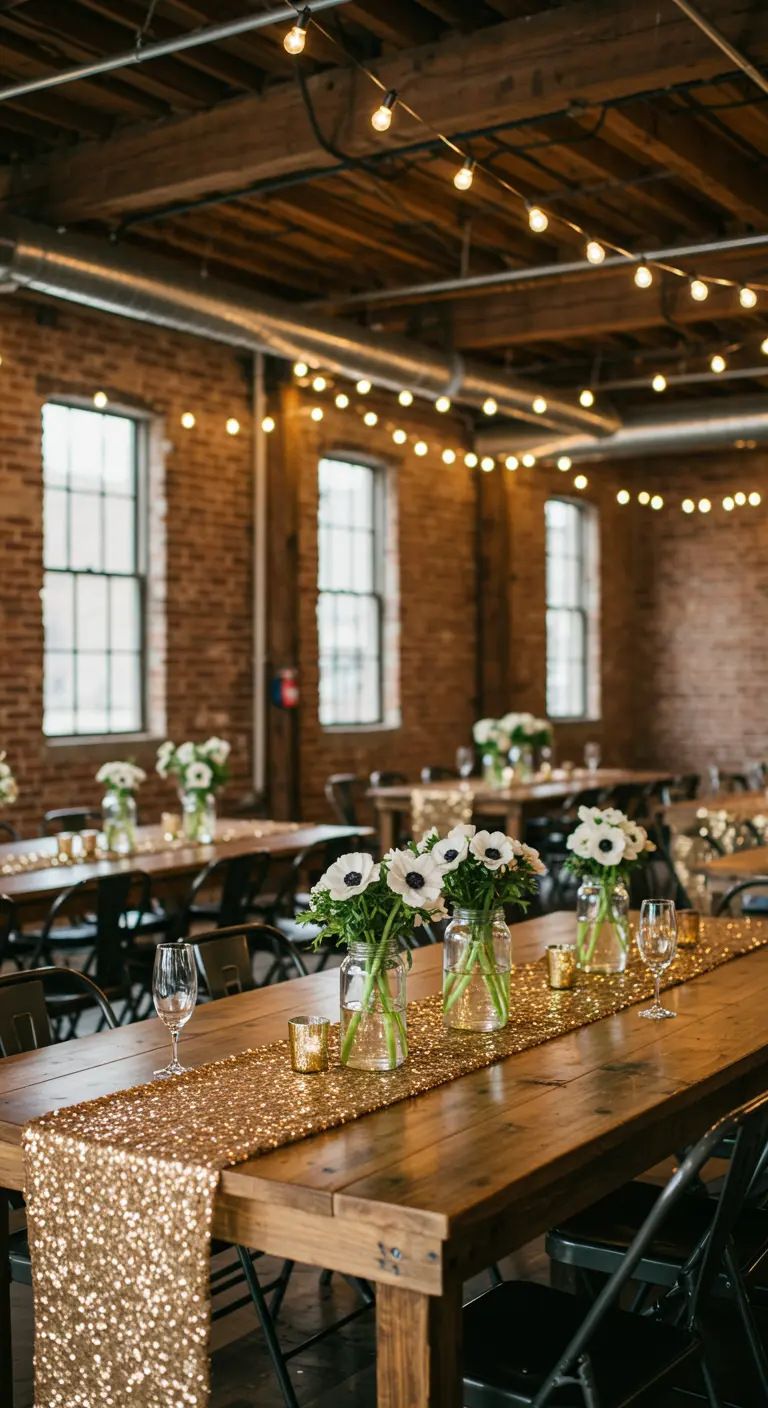 Table de banquet en bois brut dans un lieu industriel, avec un chemin de table à sequins dorés.