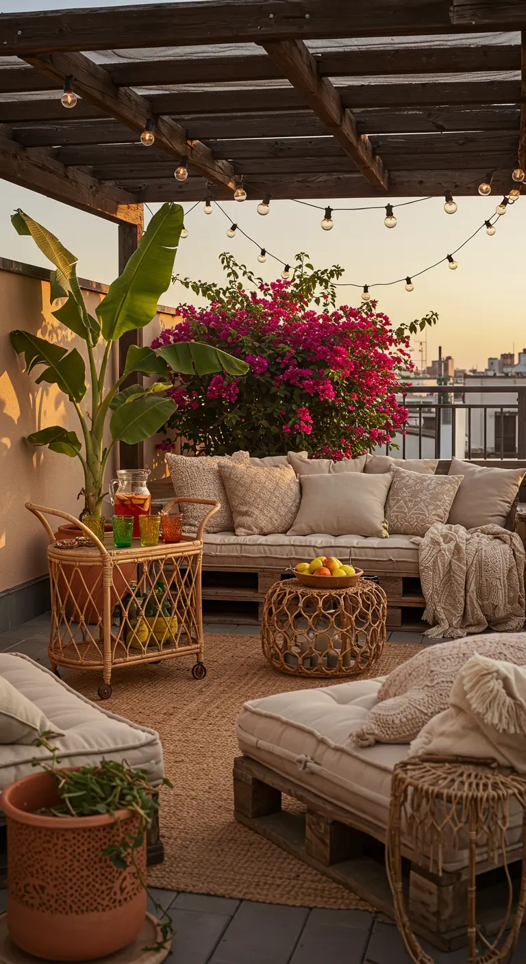Terrasse bohème avec canapés en palettes, guirlandes lumineuses et plantes.