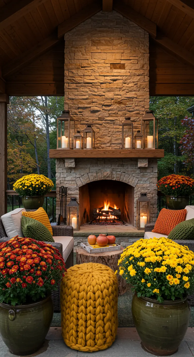Patio d'automne avec cheminée, chrysanthèmes et coussins texturés.