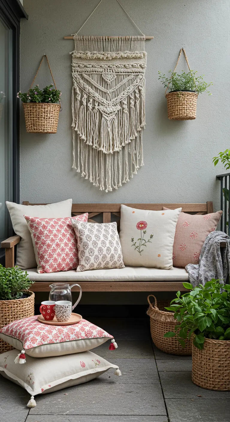 Balcon avec une grande tenture murale en macramé et des paniers en rotin.