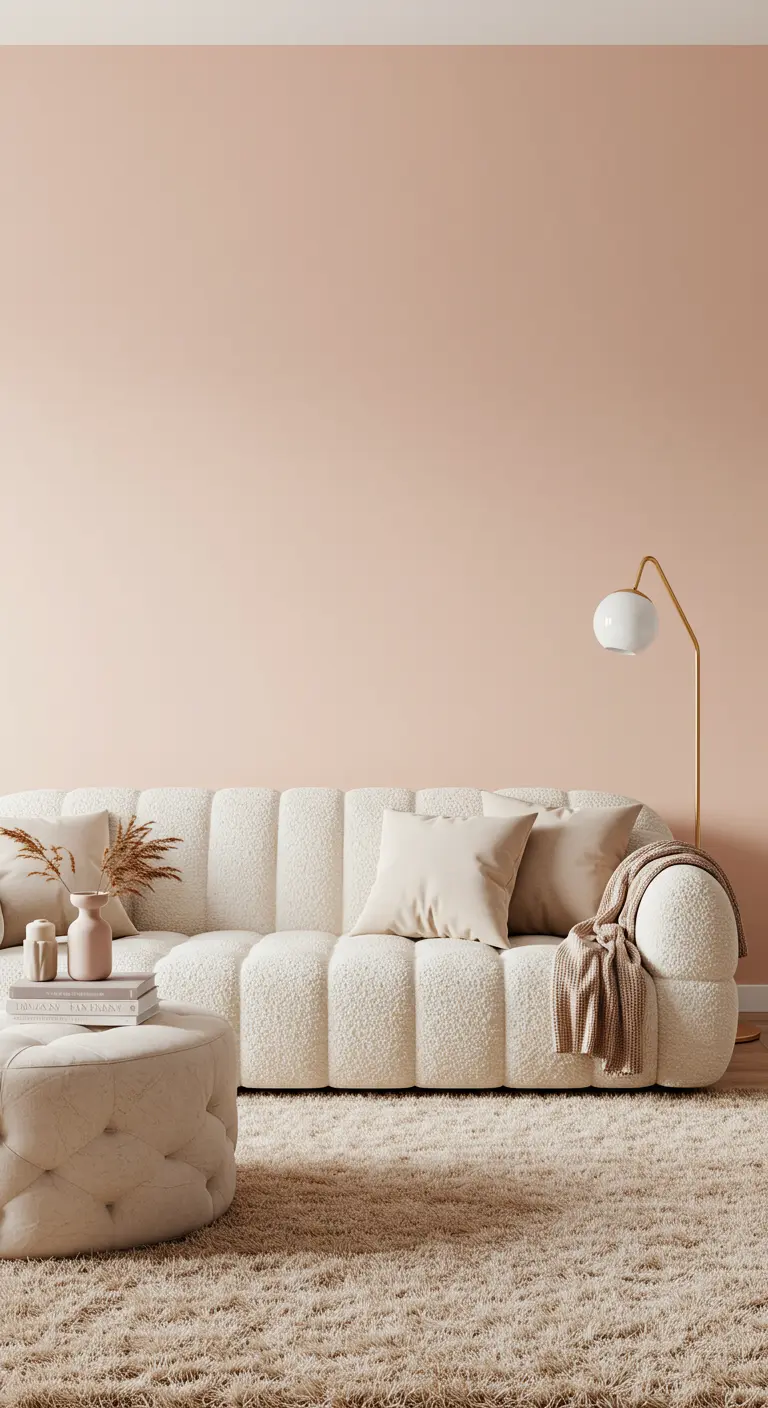 Mur d'accent d'une douce couleur rose pêche derrière un canapé en tissu bouclette blanc.