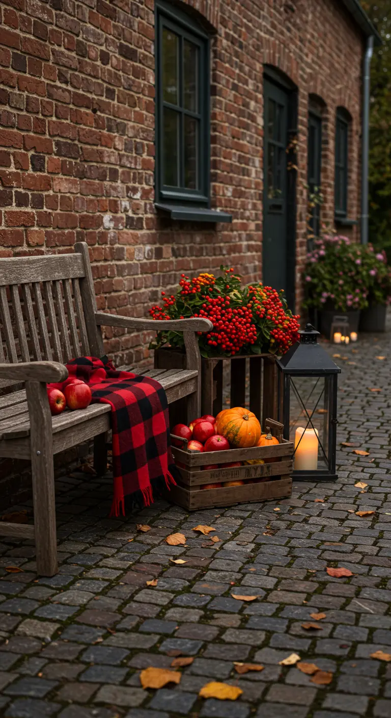 Banc en bois avec plaid, pommes dans une caisse et lanterne devant un mur de briques.