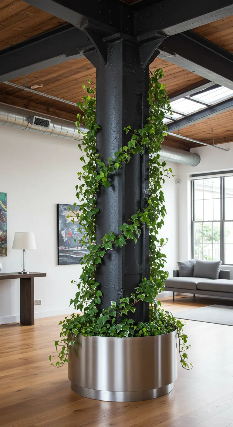 Du lierre grimpant sur une colonne structurelle noire, partant d'une grande jardinière circulaire.