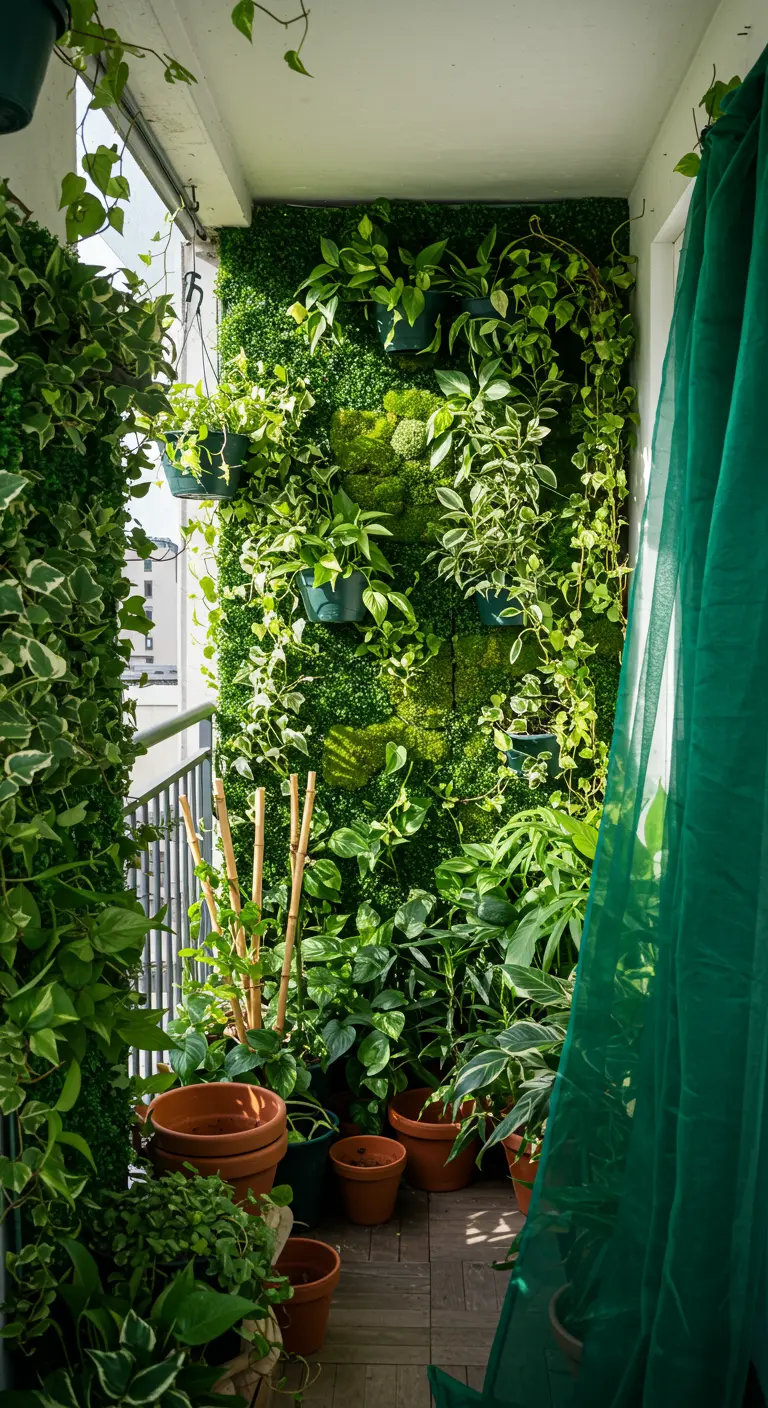 Balcon luxuriant avec un mur végétal et de nombreuses plantes en pot créant une jungle urbaine.