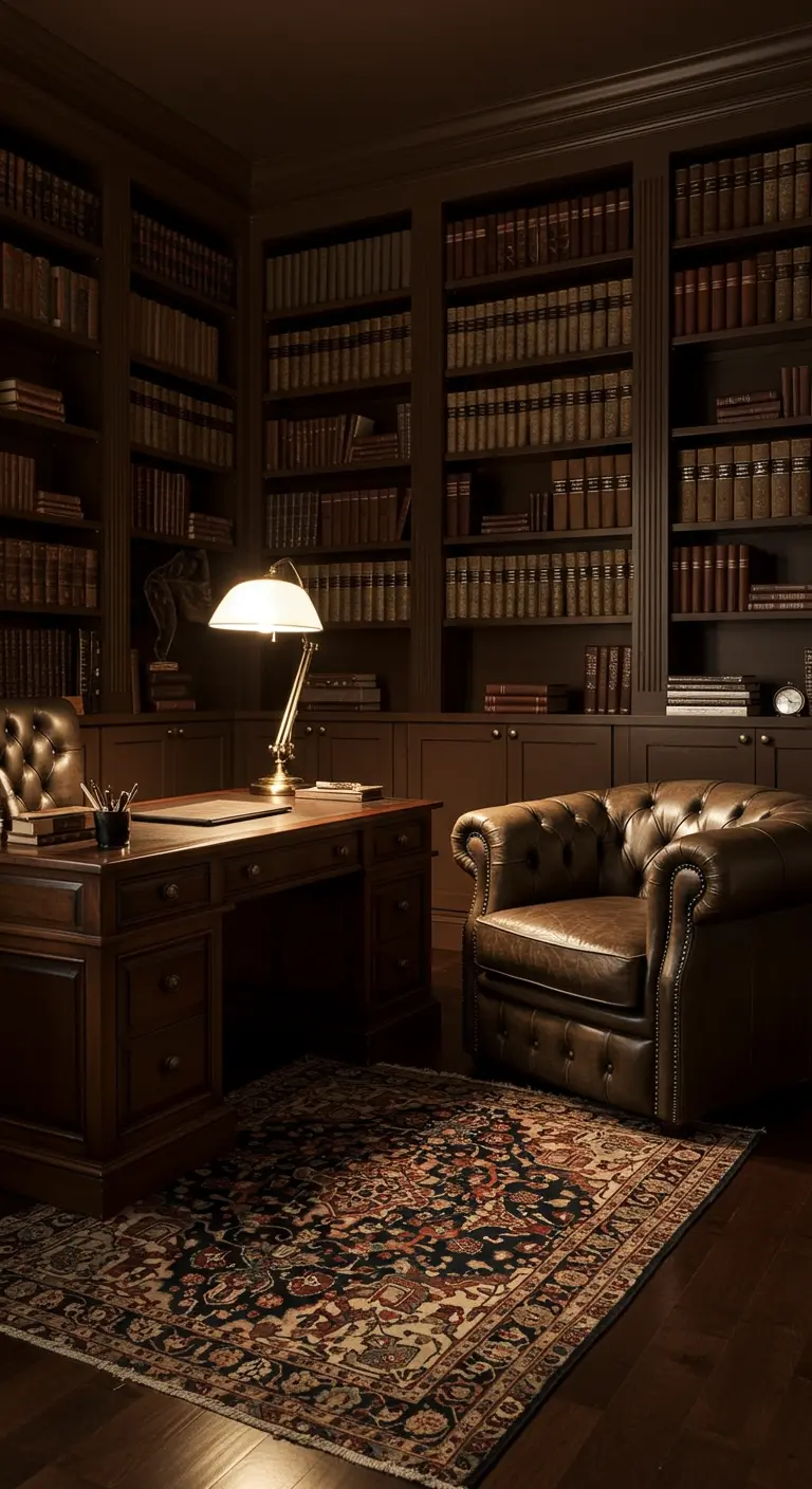 Bureau en bois foncé dans une bibliothèque avec un fauteuil en cuir capitonné.
