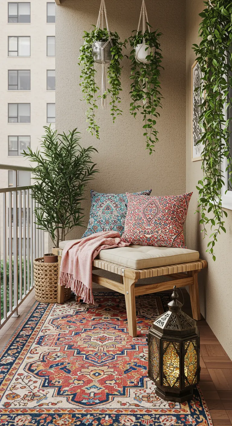 Balcon cosy avec banc en bois, coussins colorés, tapis ethnique, plantes suspendues en macramé et lanterne marocaine.