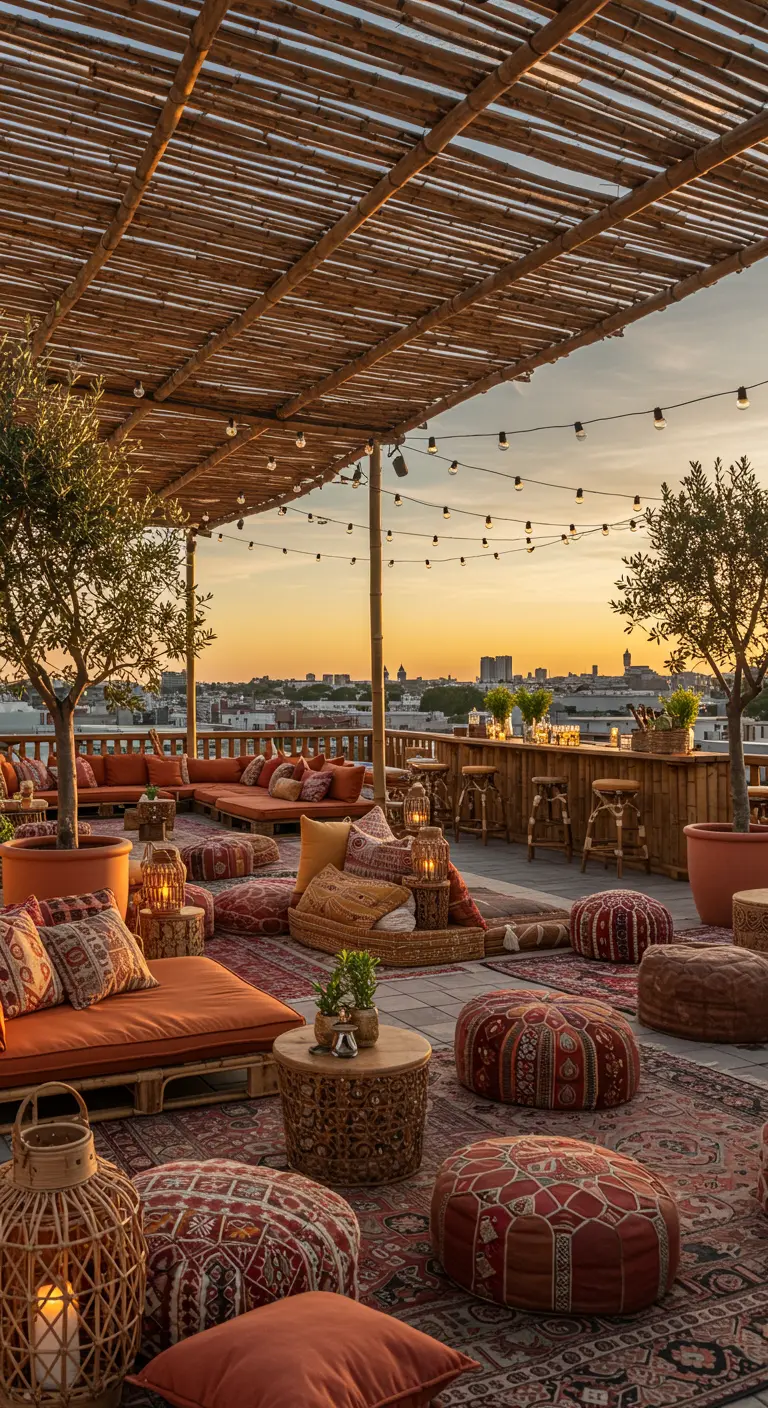 Rooftop lounge bohème au coucher du soleil avec tapis, coussins et oliviers en pot.