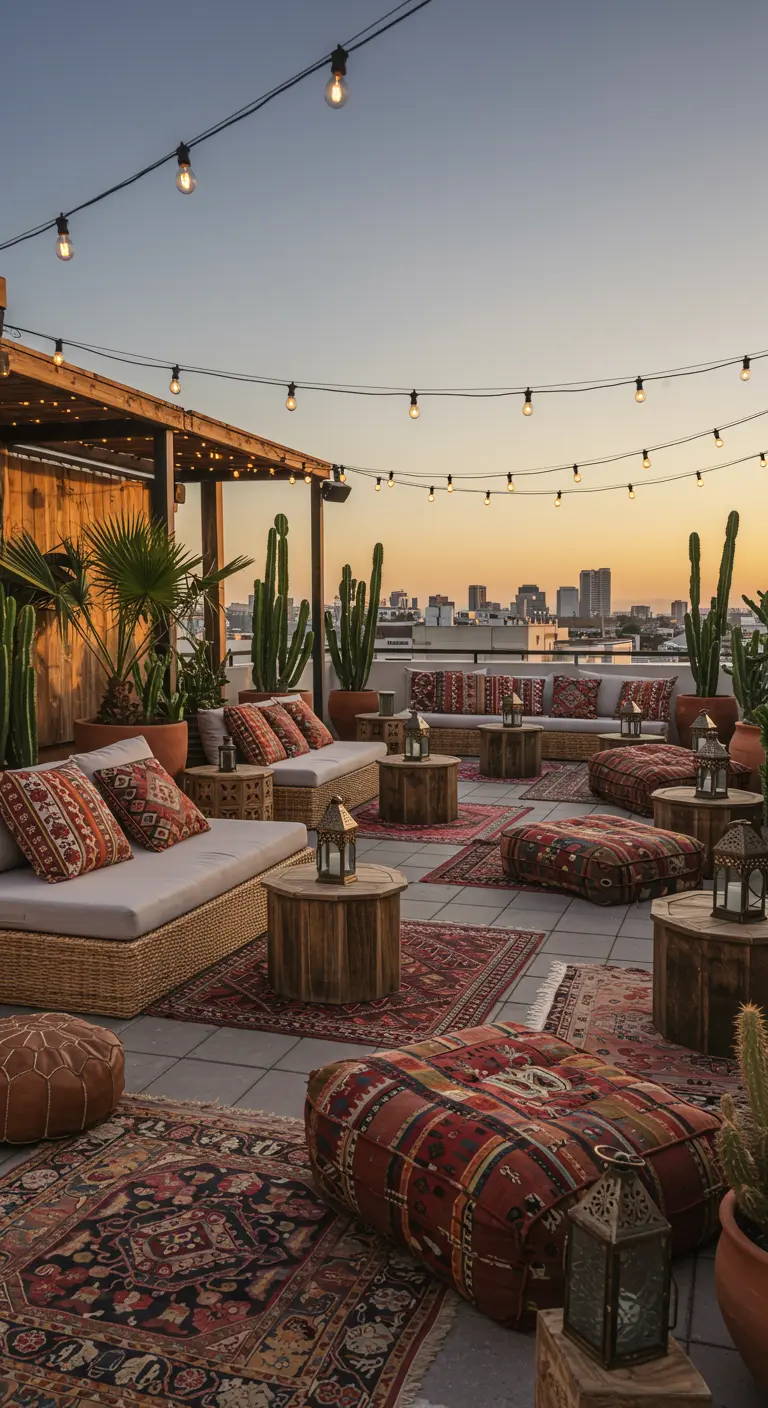 Terrasse de toit bohème avec canapés bas, tapis orientaux, cactus et guirlandes lumineuses.
