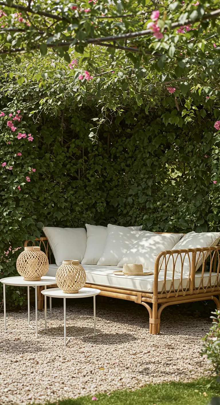 Lit de repos en rotin avec coussins blancs sous une pergola fleurie, deux petites tables.