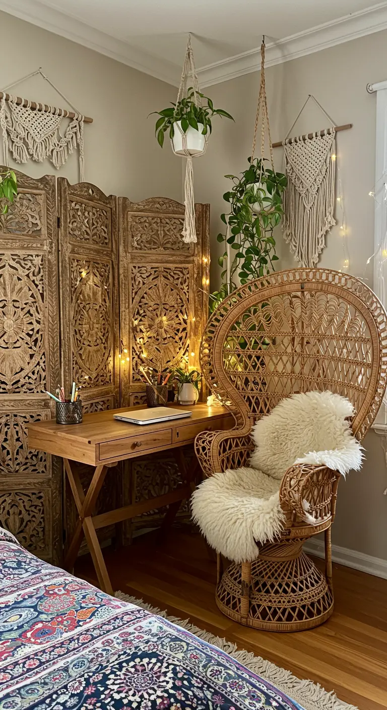 Coin bureau bohème avec un paravent en bois sculpté, un fauteuil en rotin et des plantes.