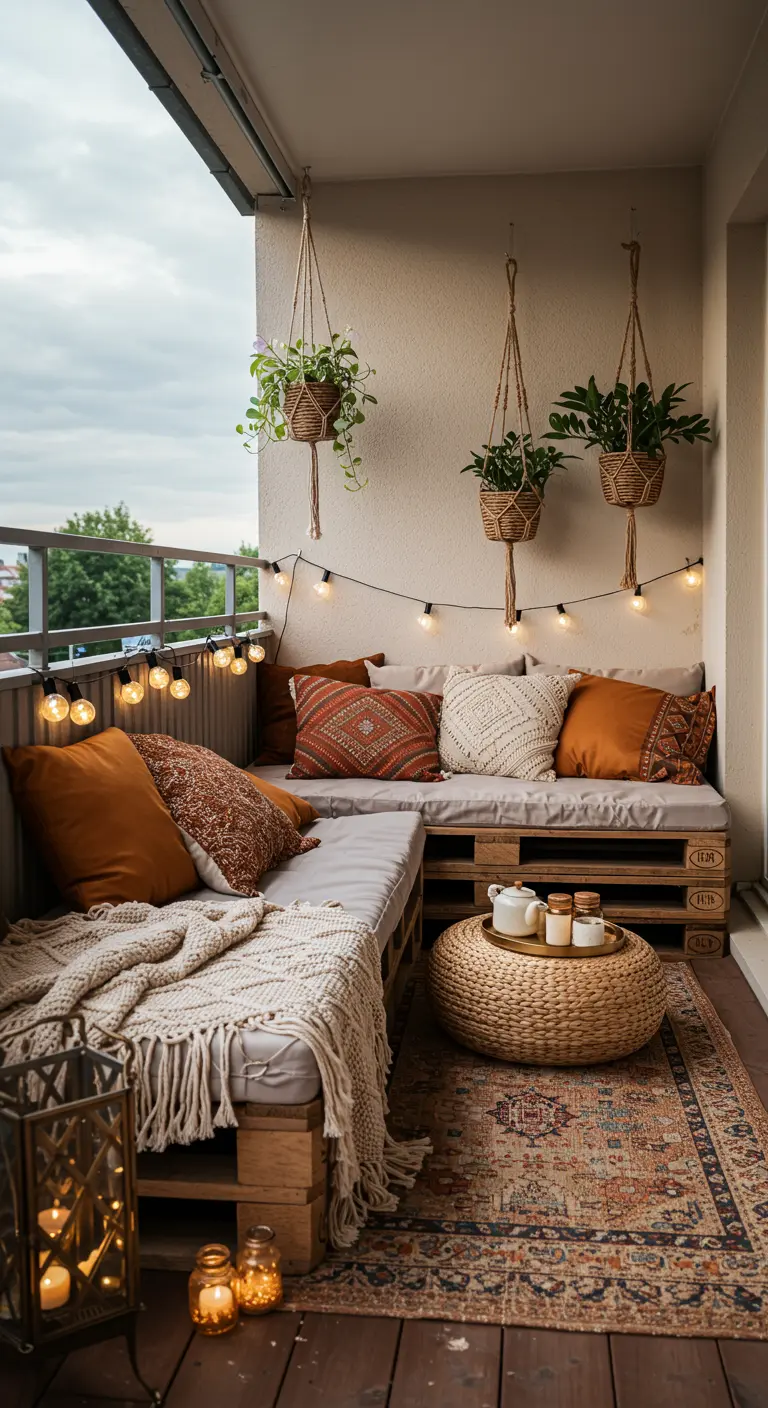 Balcon bohème avec canapé en palettes, suspensions en macramé, guirlande lumineuse et tapis.