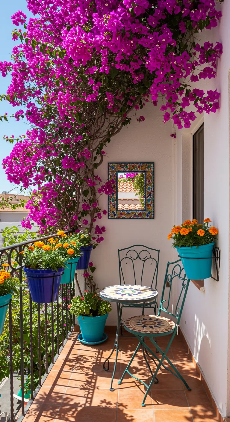 Balcon méditerranéen avec bougainvillier fuchsia, pots bleus, oeillets d'Inde, et miroir mosaïque