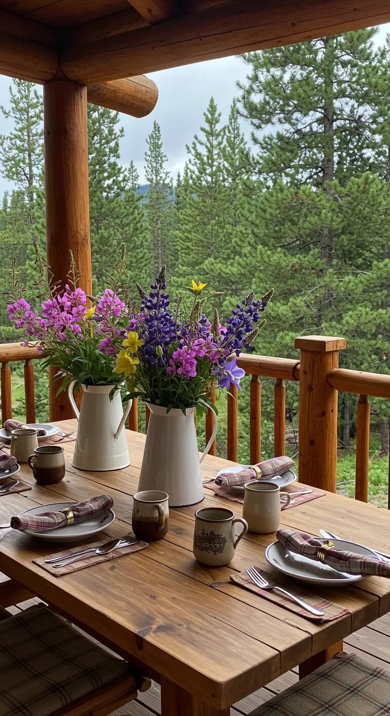 Pichets en émail avec épilobes et lupins sur une table de chalet en bois.