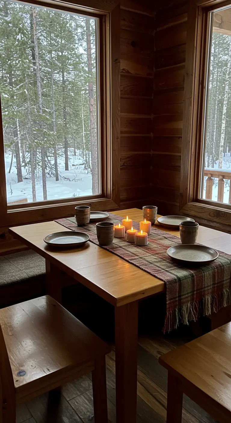 Table en bois avec plaid à carreaux, bougies et vue sur un paysage enneigé