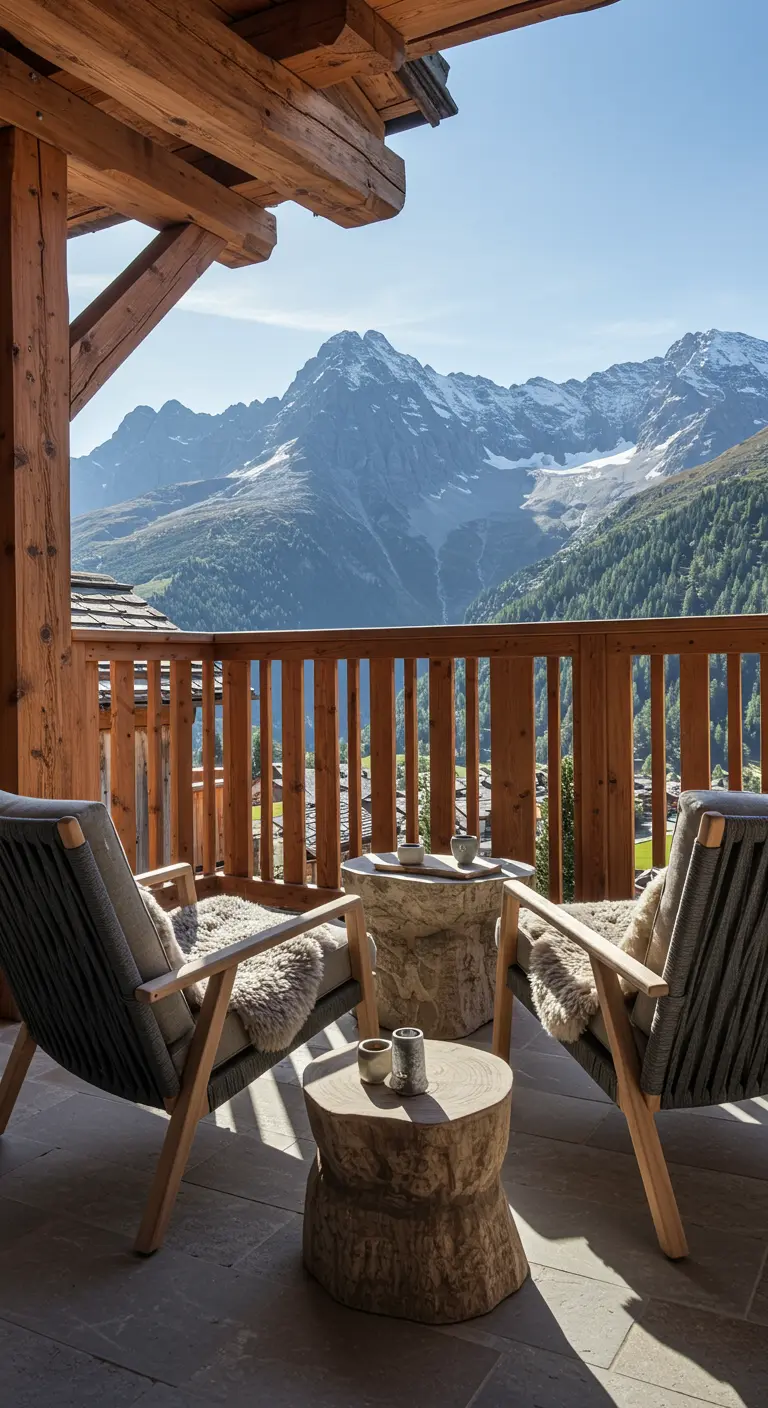 Deux fauteuils en bois clair et corde tressée grise avec peaux de mouton, et deux tables d'appoint en bois brut sur un balcon de chalet de montagne.