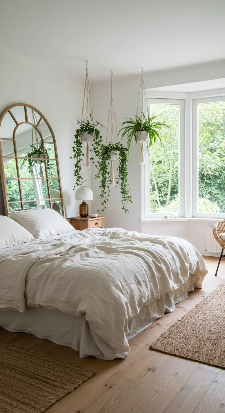 Chambre lumineuse avec lit en lin naturel, grand miroir arqué et trois plantes suspendues.