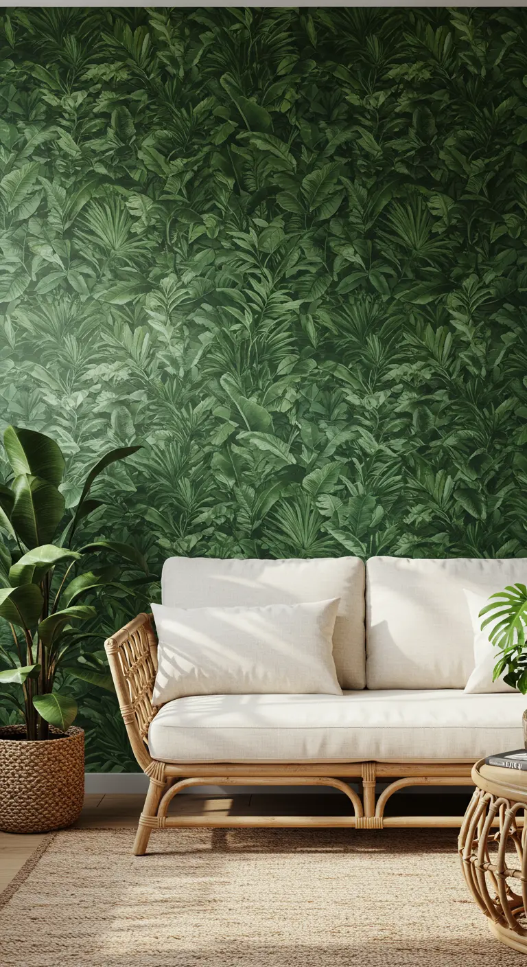 Un mur entièrement recouvert de papier peint à motif de jungle luxuriante derrière un canapé en rotin.
