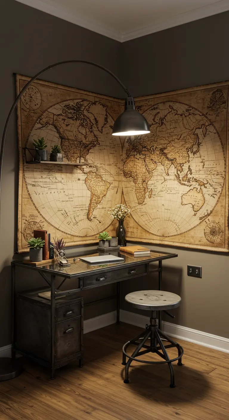 Bureau industriel avec un grand lampadaire arqué devant une carte du monde vintage murale.