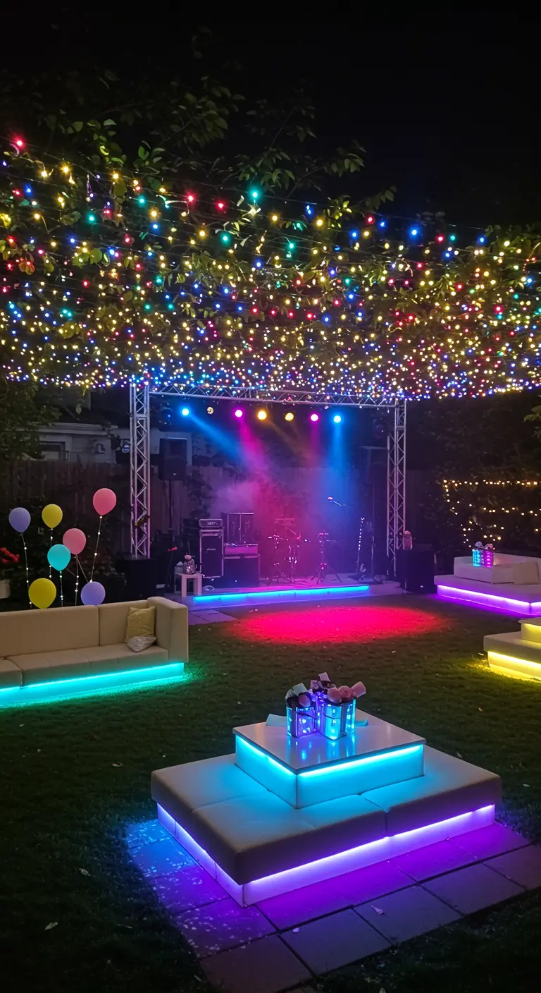 Ambiance de fête en soirée avec des lumières LED colorées sur la piste de danse et les meubles.