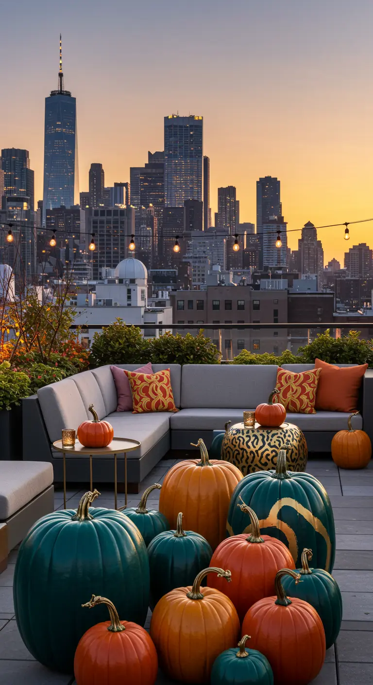 Rooftop avec vue sur la ville, décoré de grandes citrouilles colorées aux motifs dorés.