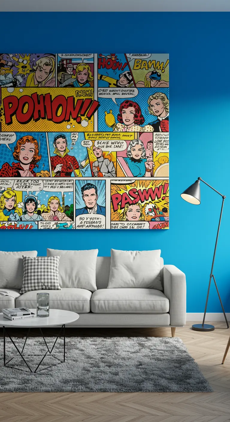 Mur d'accent bleu vif recouvert d'une immense fresque de style bande dessinée Pop Art.