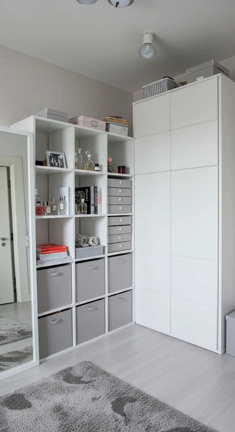 Combinaison d'une armoire blanche fermée et d'une étagère cubique ouverte.