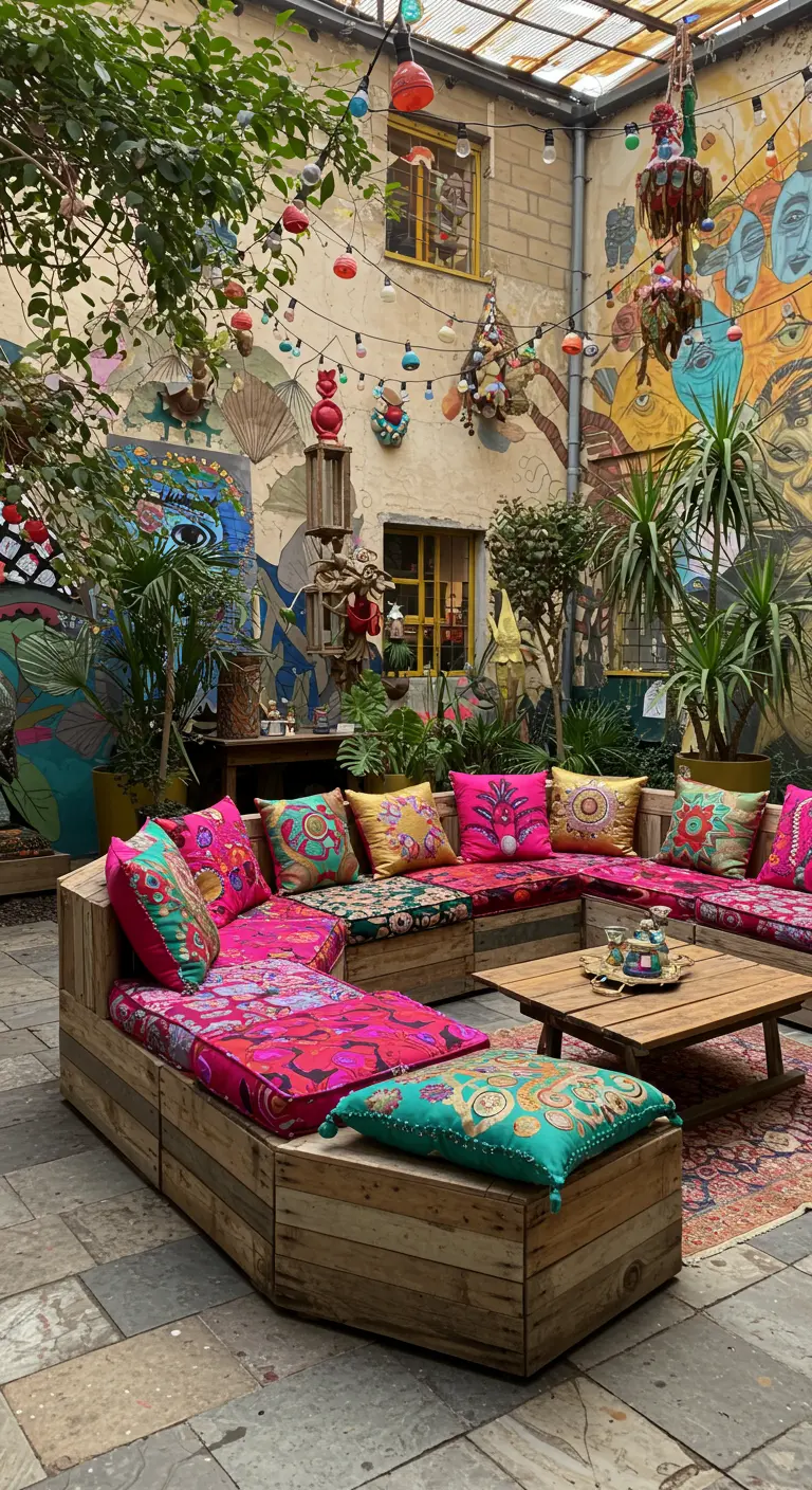 Banquette modulaire en bois dans cour bohème, coussins vifs, murales colorées et lampions.