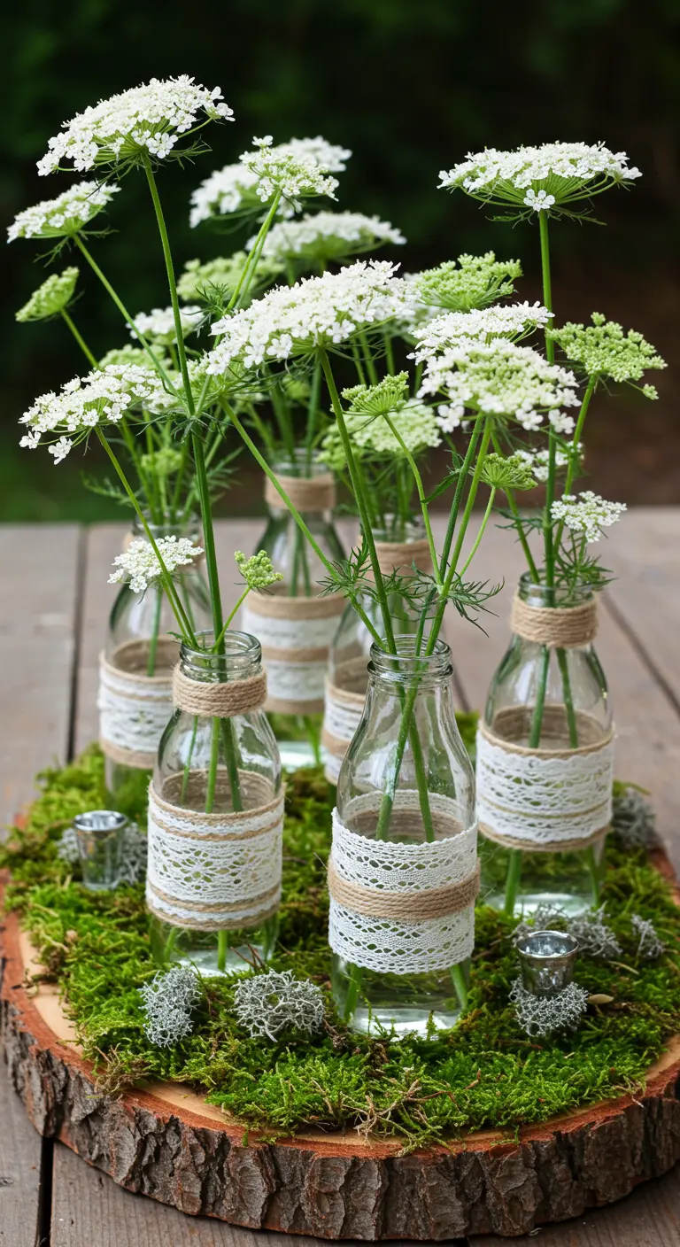 Bouteilles en verre décorées de dentelle et de ficelle avec fleurs.