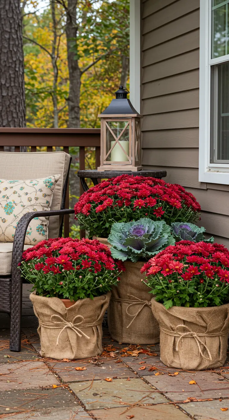 Des pots de chrysanthèmes rouges et de choux d'ornement dans des sacs en toile de jute.