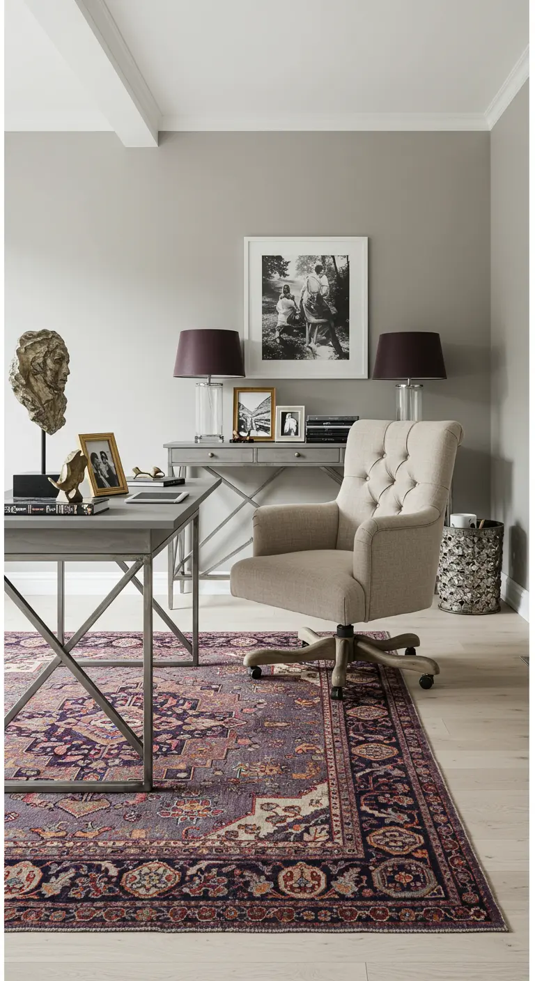 Bureau élégant dans les tons gris avec fauteuil capitonné et tapis oriental violet.