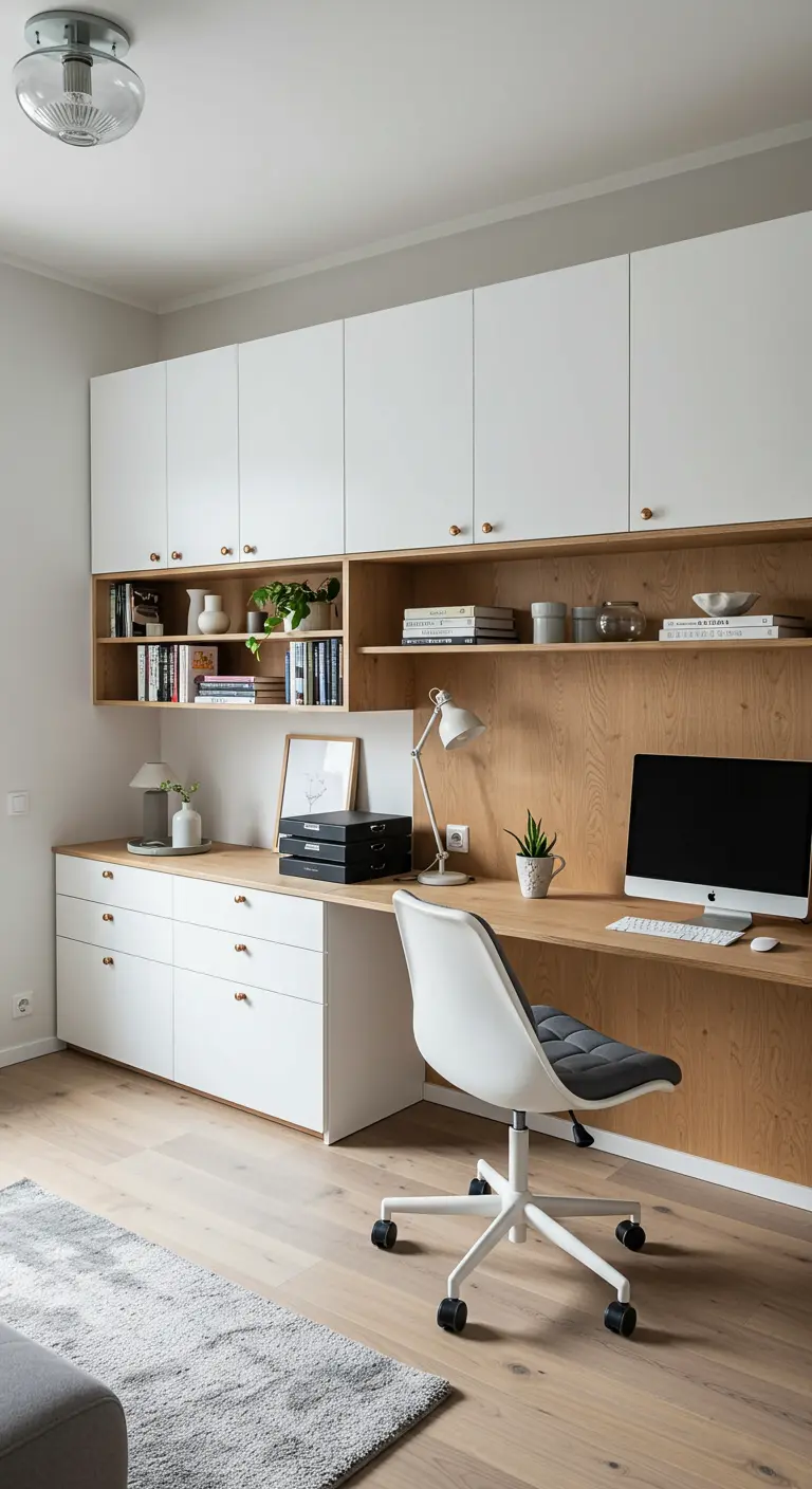 Bureau sur mesure avec caissons blancs, plan de travail et mur en bois clair.