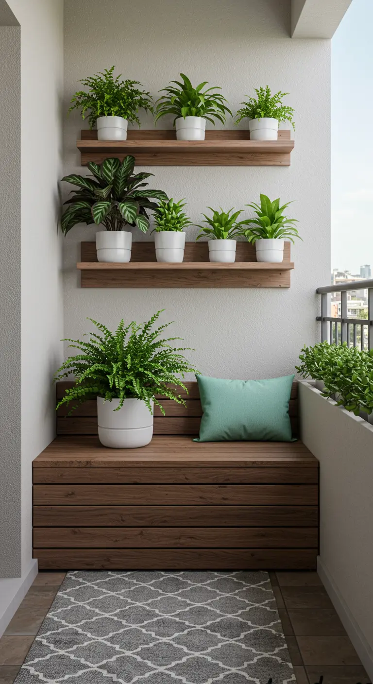 Balcon avec étagères et banc en bois, décoré de plantes dans des pots blancs.