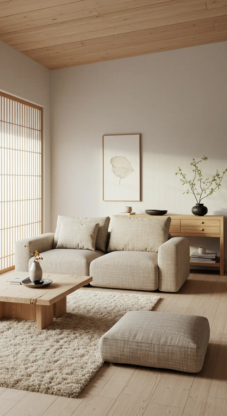 Intérieur de style Japandi avec canapé bas, tapis épais et paravent en bois.