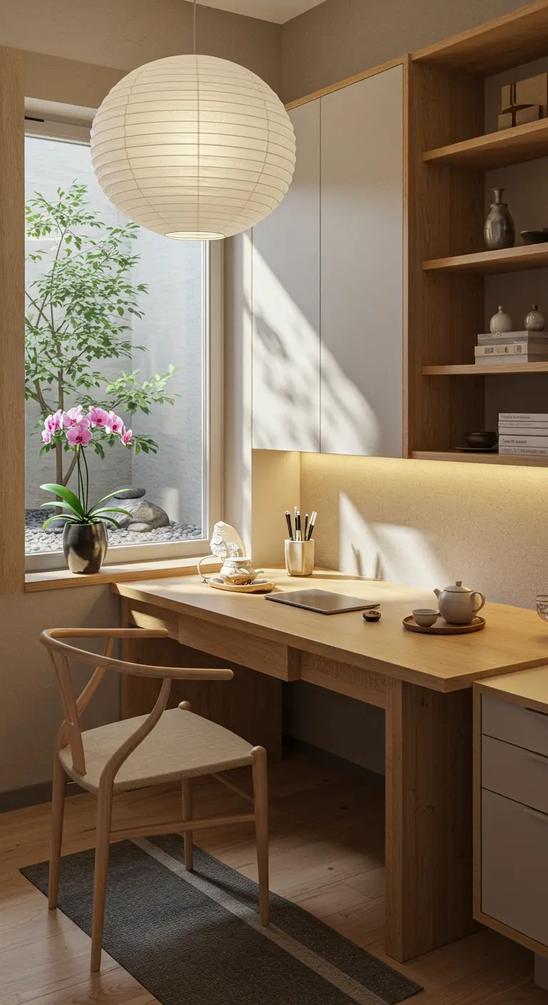 Bureau Japandi avec mobilier en bois clair, suspension en papier et service à thé minimaliste.