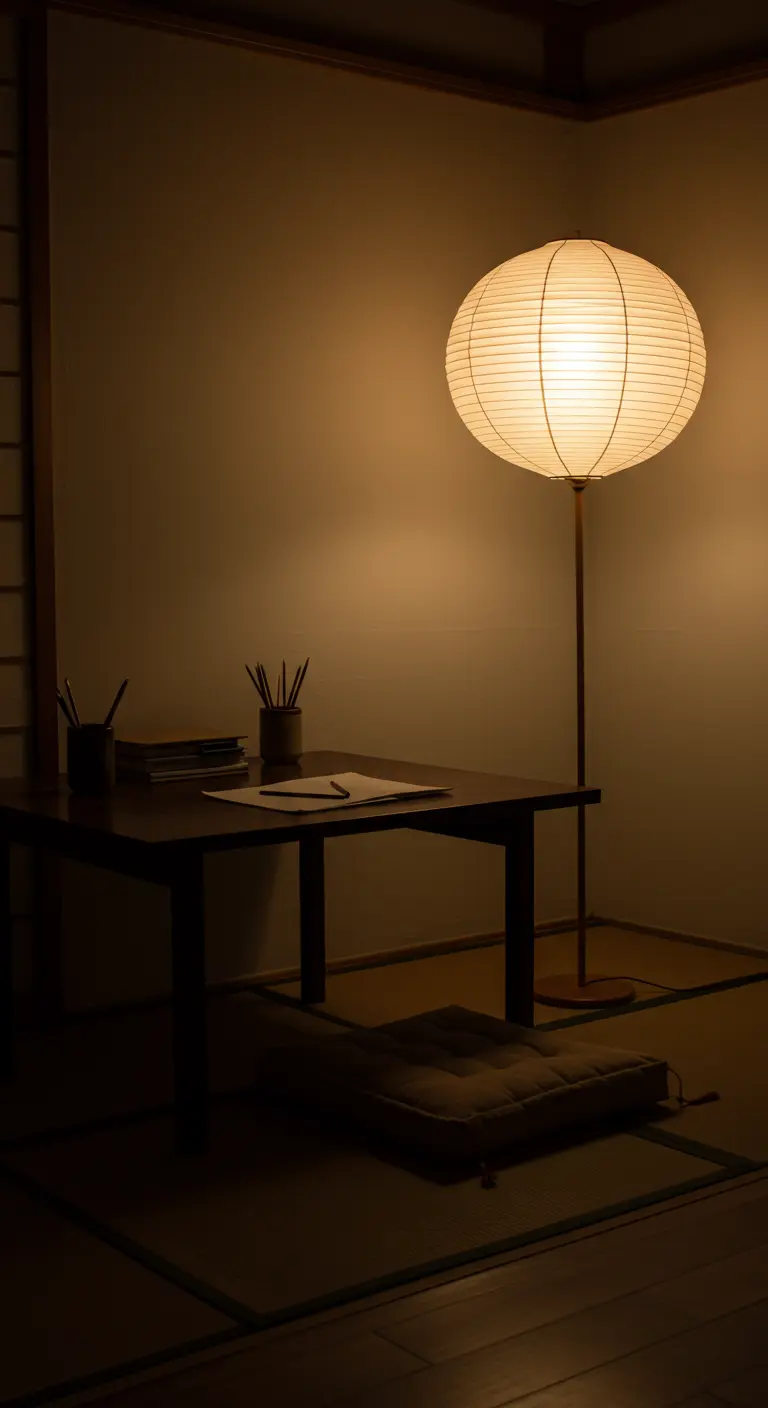 Espace de travail de style japonais avec un grand lampadaire en papier de riz.
