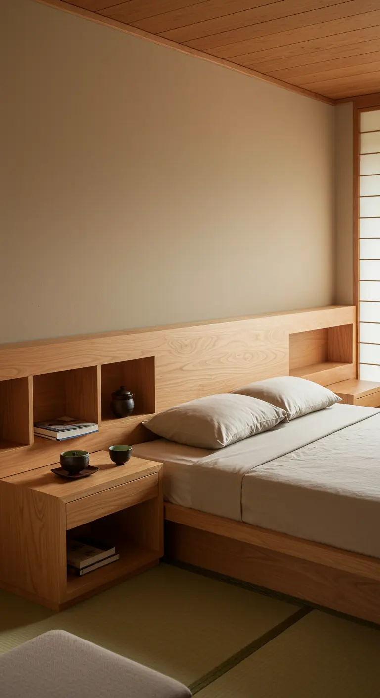 Tête de lit minimaliste en bois clair avec niches de rangement et tables de chevet intégrées.
