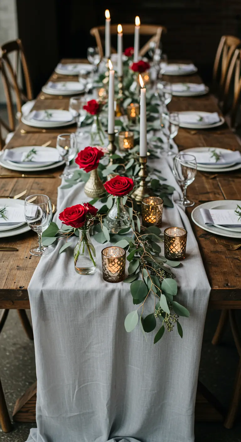 Table en bois rustique avec chemin de table gris, eucalyptus et roses rouges.