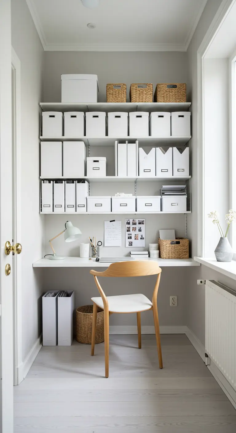 Bureau minimaliste blanc aménagé dans une niche avec des étagères et des boîtes de rangement.
