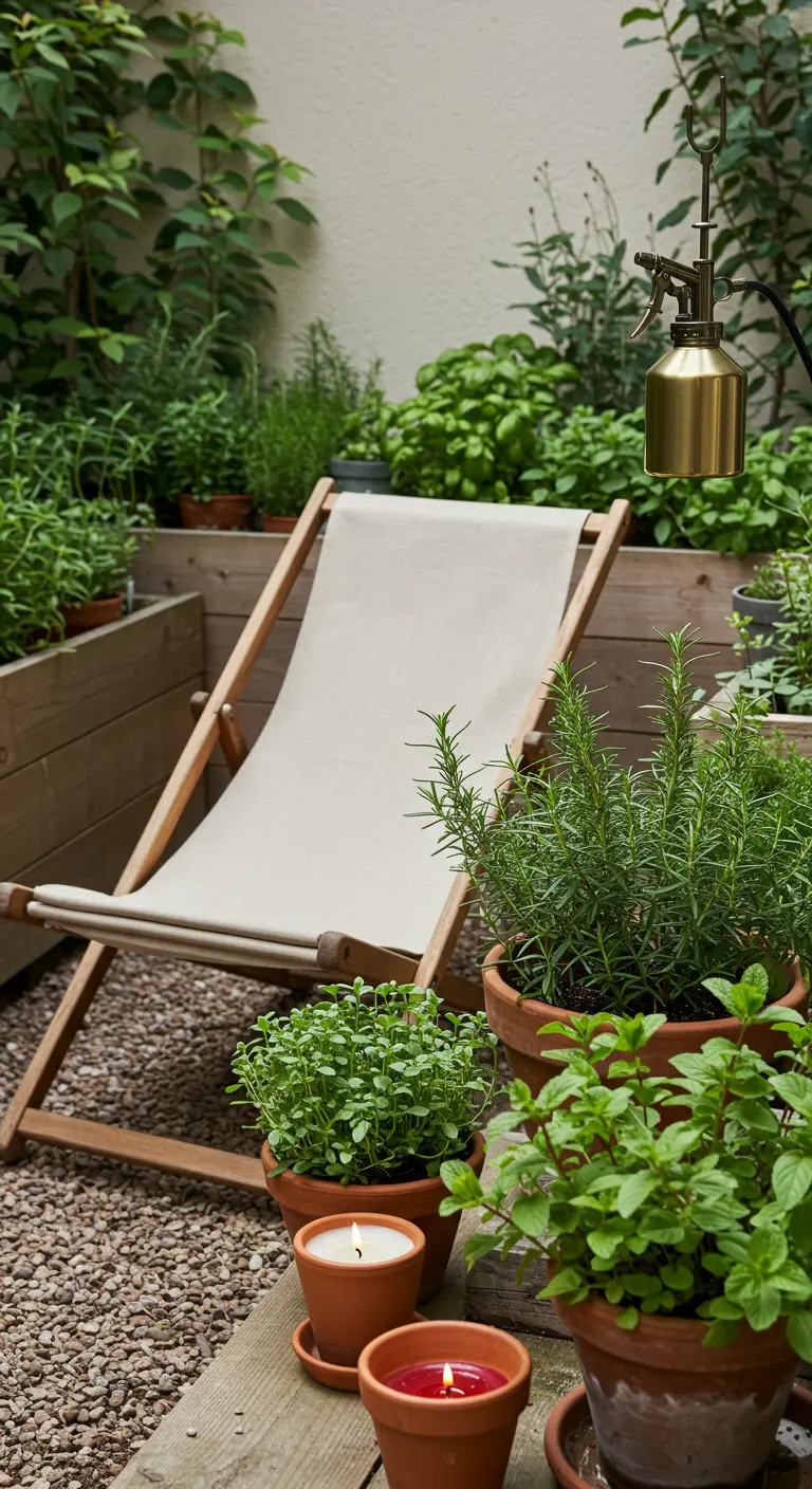 Jardin d'herbes aromatiques avec bacs en bois, pots en terre cuite, transat beige et vaporisateur en laiton.