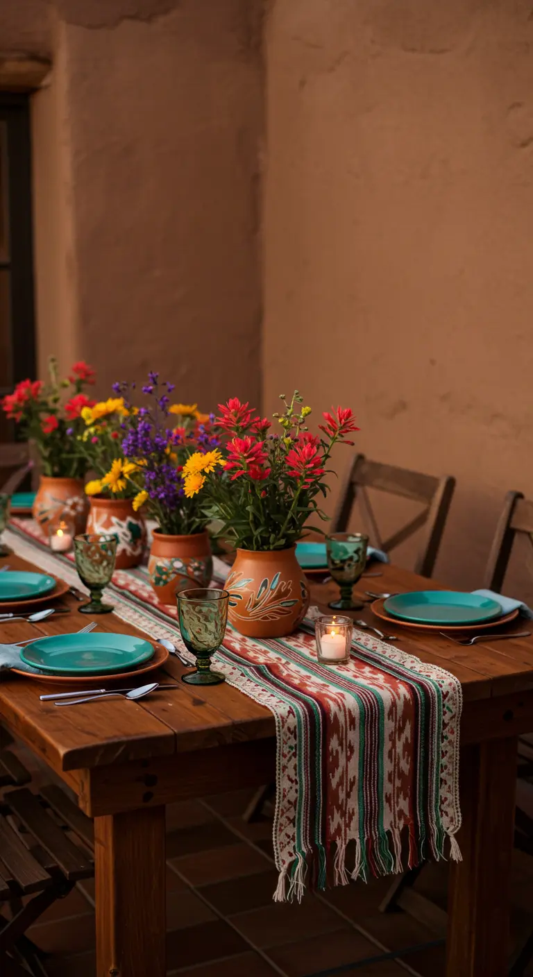 Vases en terre cuite avec fleurs sauvages sur un chemin de table tissé.