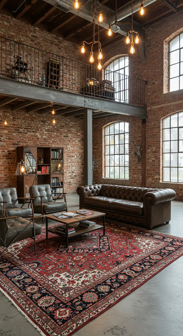 Loft industriel avec murs en briques, canapé en cuir et grand tapis oriental rouge.
