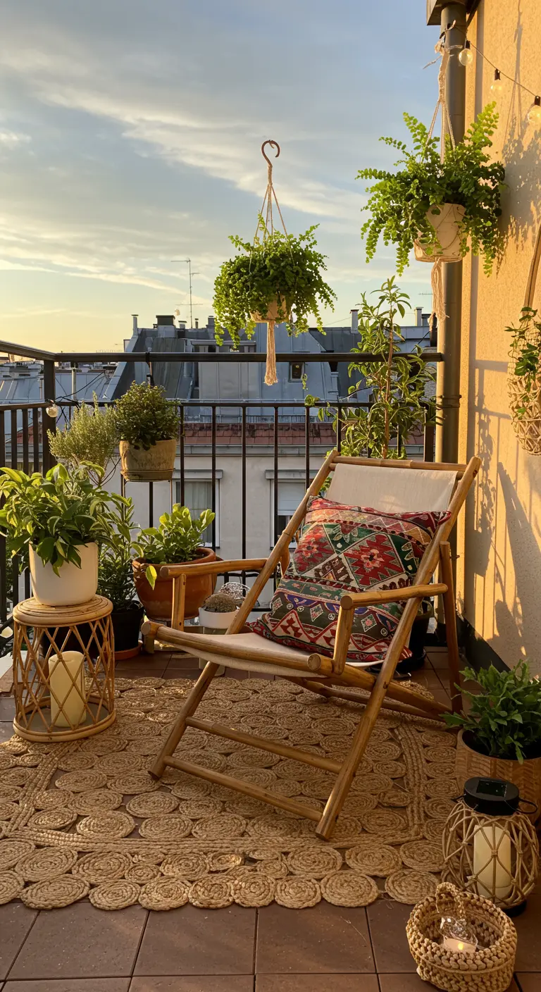 Chaise longue en bambou sur un balcon bohème avec tapis en jute et plantes.